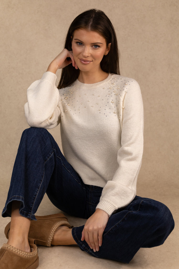 Cream Pearl Embellished Knit