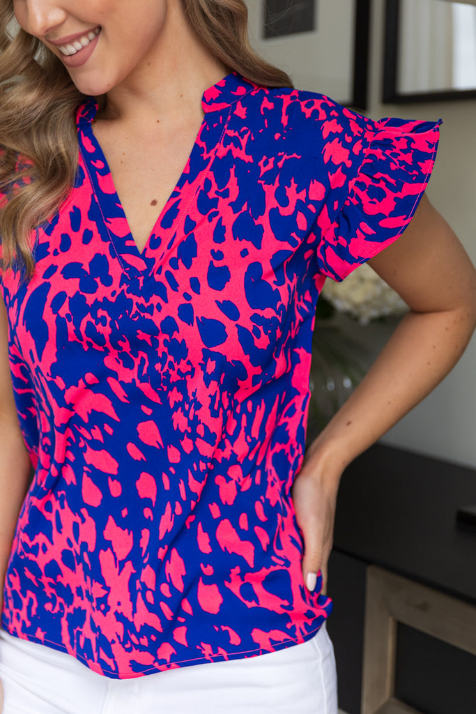 Pink & Blue Leopard Print Sandy Frill Sleeve Top