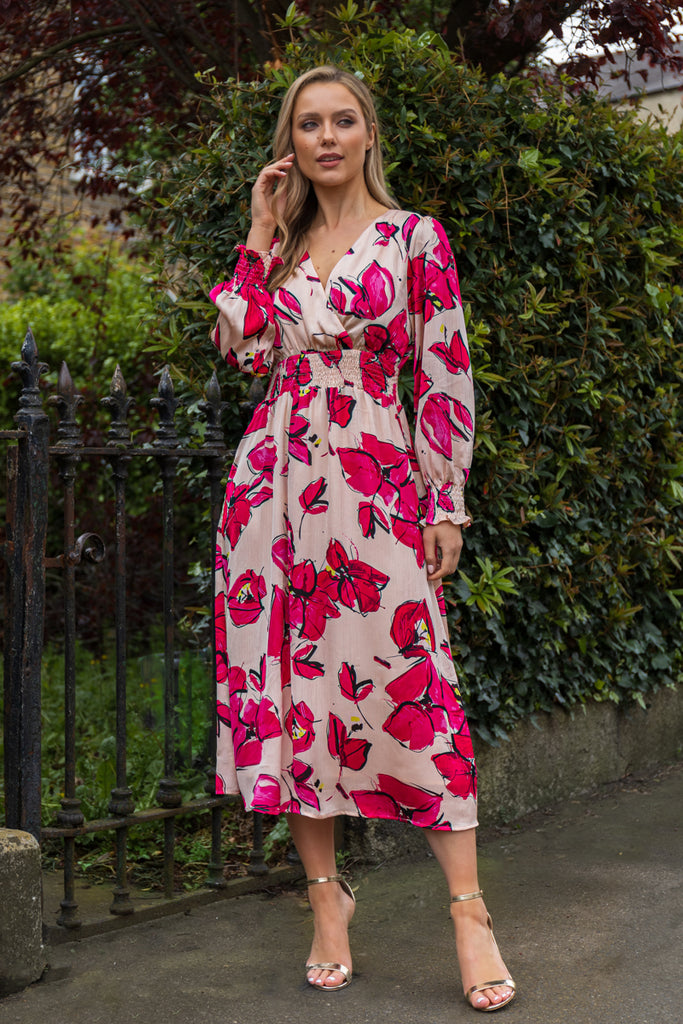 Robyn Pink & Cream Abstract Floral Plisse Dress