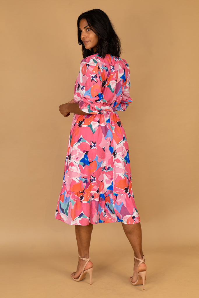 Emilia Pink Multi Floral Print Midi Dress