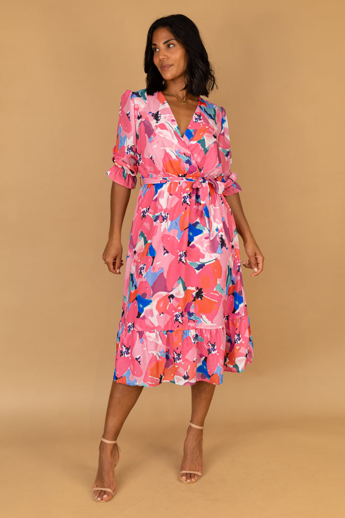 Emilia Pink Multi Floral Print Midi Dress