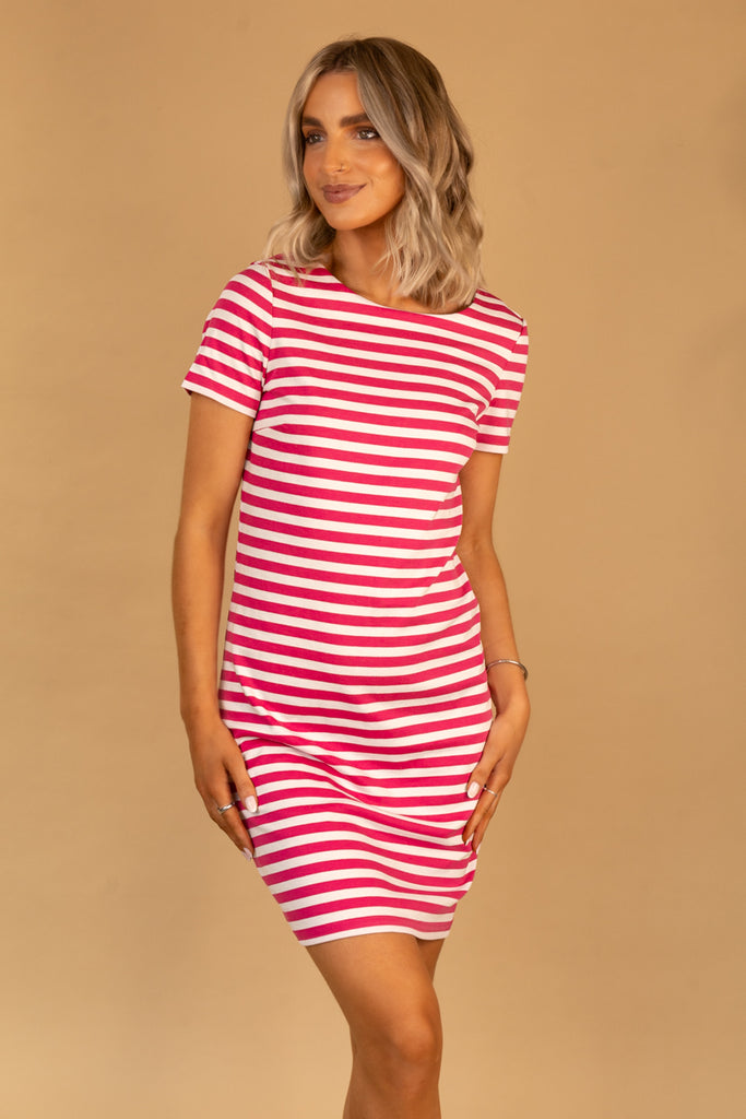 Ninny O-Neck Pink & White Stripe Dress