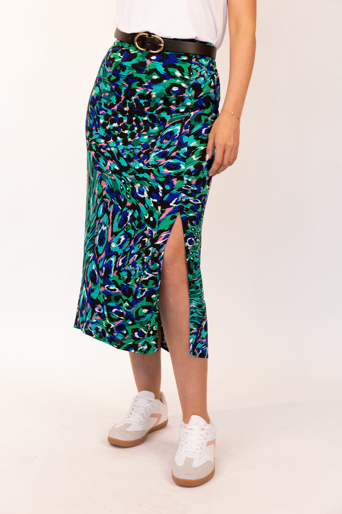 Nova Green Wild Print Slit Skirt