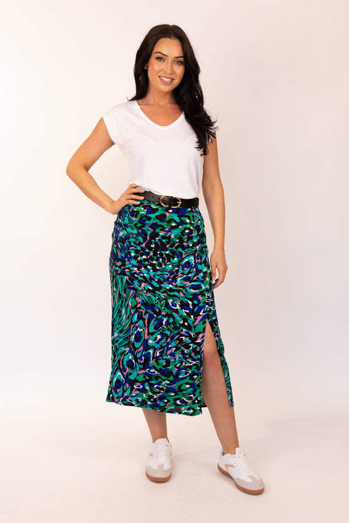 Nova Green Wild Print Slit Skirt