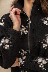 Valentina Black Floral Embroidered Zip Fleece