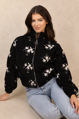 Valentina Black Floral Embroidered Zip Fleece