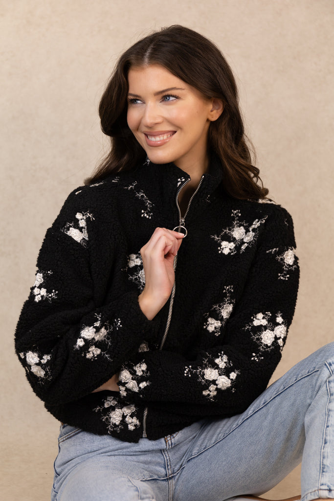 Valentina Black Floral Embroidered Zip Fleece