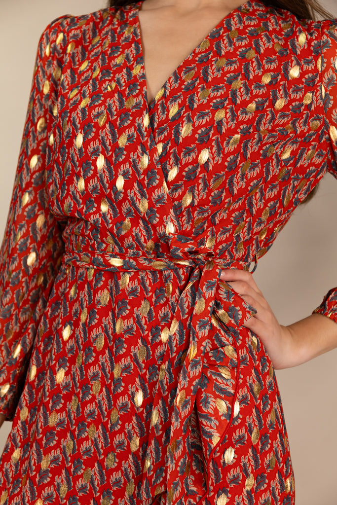 Ruby Red & Gold Print Chiffon Dress