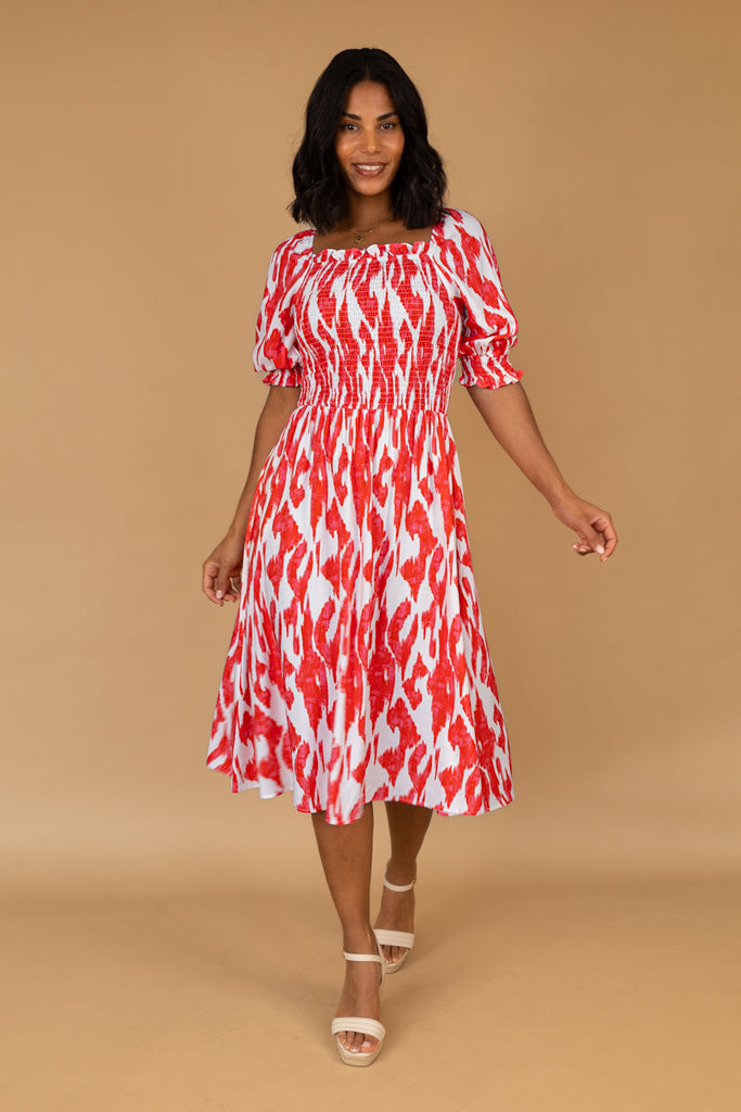 Marcia Red & White Square Neck Printed Dress