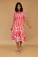 Marcia Red & White Square Neck Printed Dress