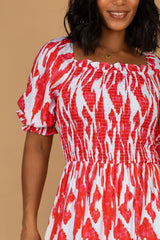 Marcia Red & White Square Neck Printed Dress