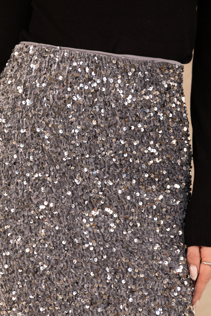 Faith Silver Grey Sequin Midi Skirt