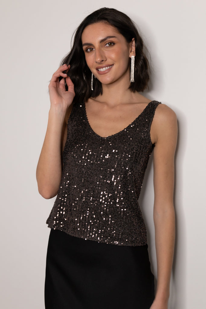 Lana Mocha Bronze Sequin V-Neck Top