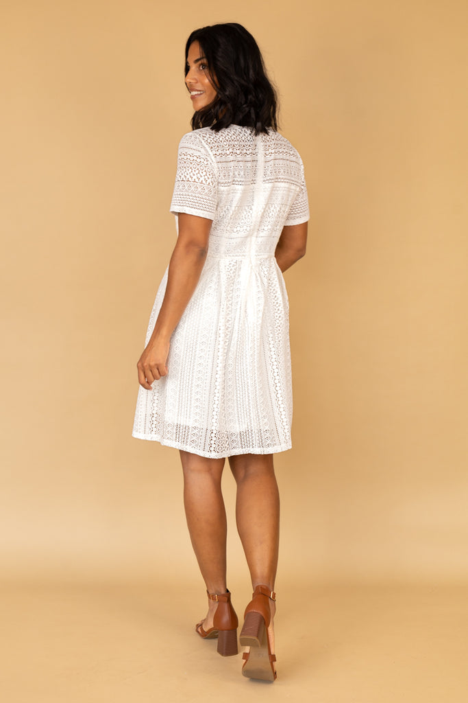 Honey White Lace Pleated Short Sleeve Dress