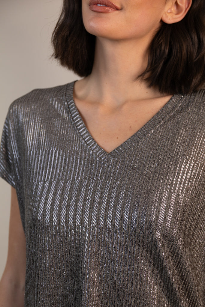 Miranda Dark Grey V-Neck Metallic Top