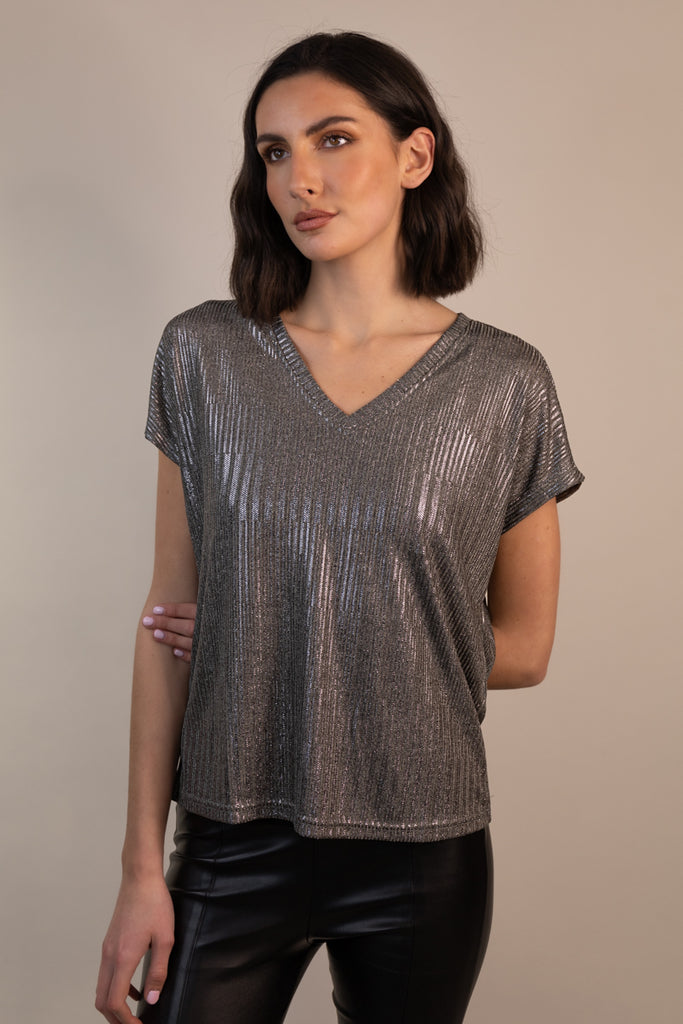 Miranda Dark Grey V-Neck Metallic Top