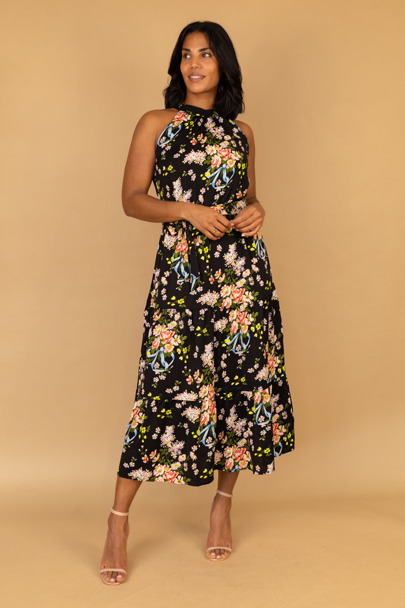 Black Floral Sonya Halter Neck Dress