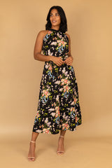 Black Floral Sonya Halter Neck Dress