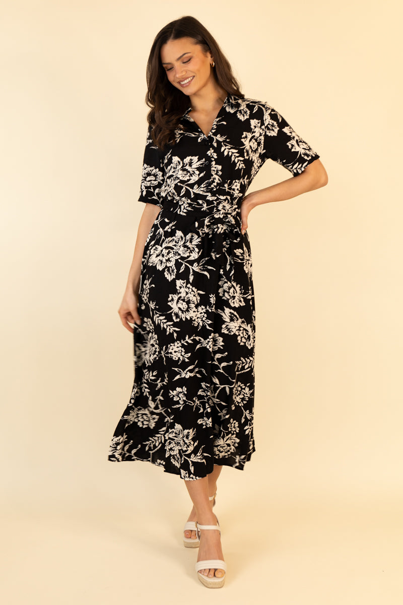 Starr Midi Black & Cream Floral Shirt Dress