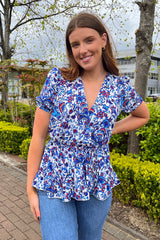 Kara Blue & White Print Top
