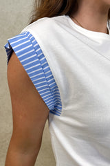 Dawn White Contrast Blue Stripe Sleeve Tee