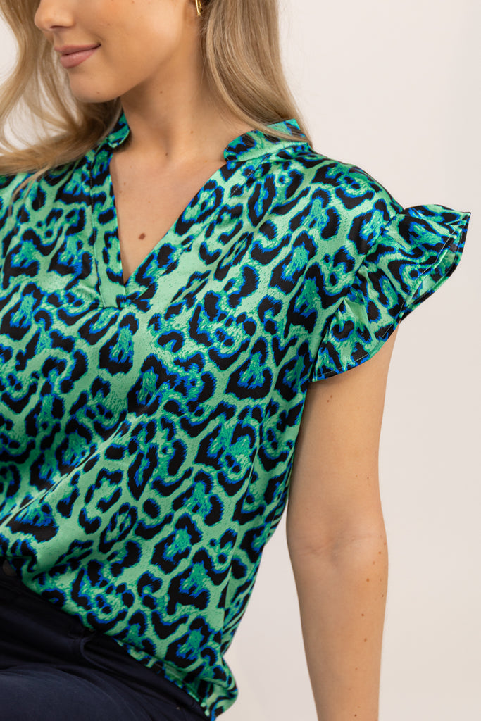 Green Leopard Print Sandy Frill Sleeve Top