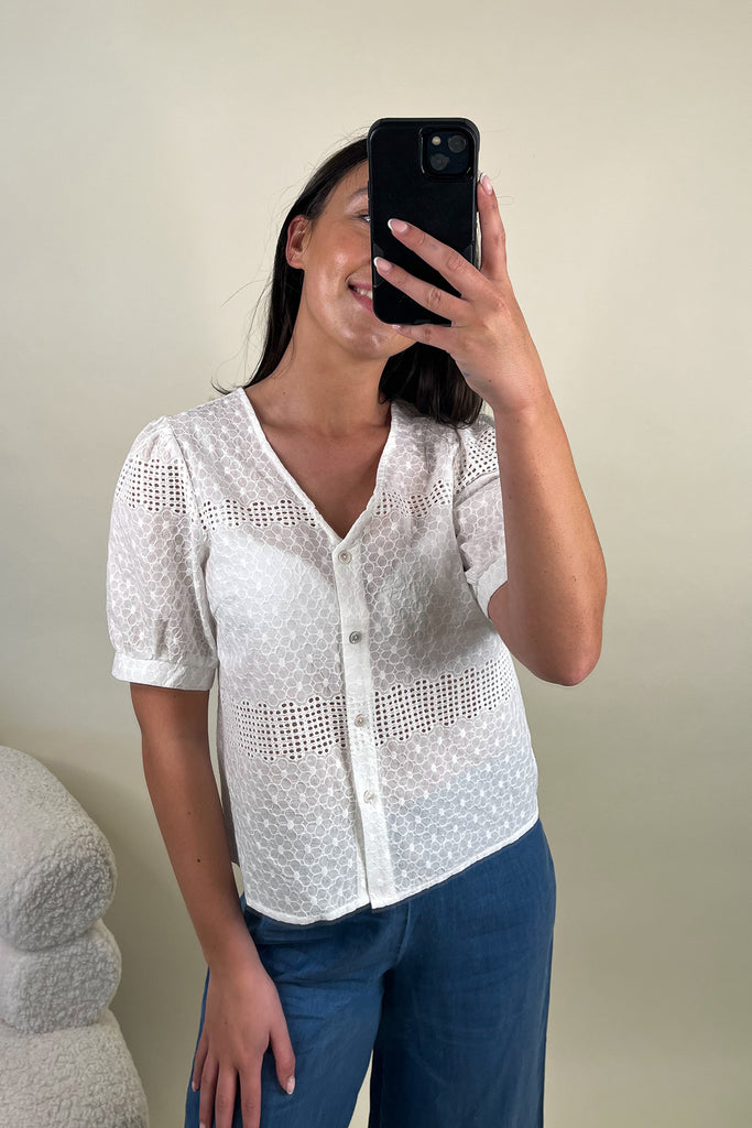 Taya White Anglaise Puff Sleeve Top