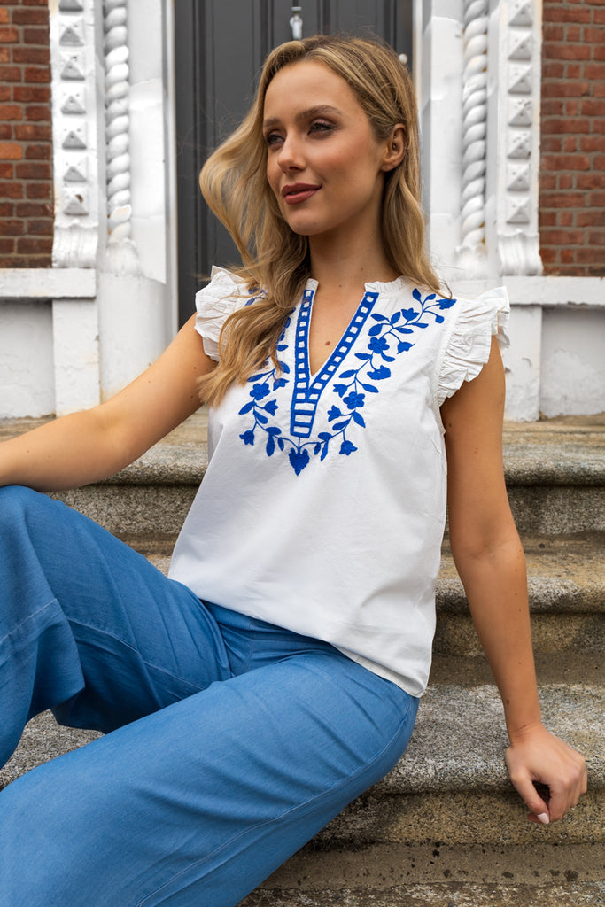 White Vacation Blue Embroidered Top