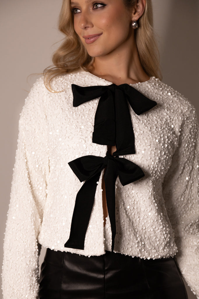 Aria White Sequin Bow Top