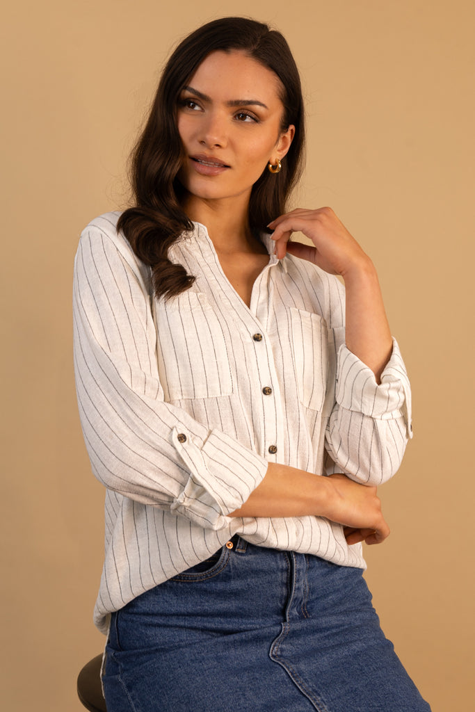Yasmin White & Black Stripe Linen Shirt