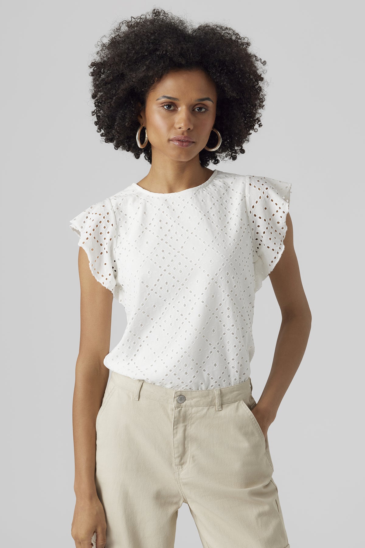 Tassa White O-Neck Frill Sleeve Top
