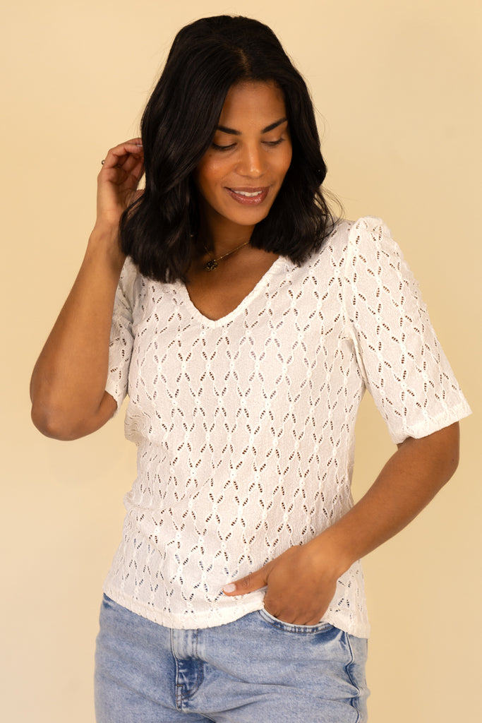 Rosa White V-Neck Puff Sleeve Top