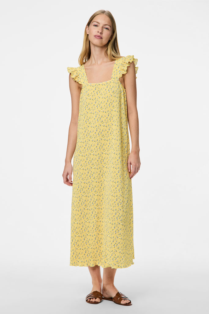 Flora Yellow Floral Plisse Midi Dress