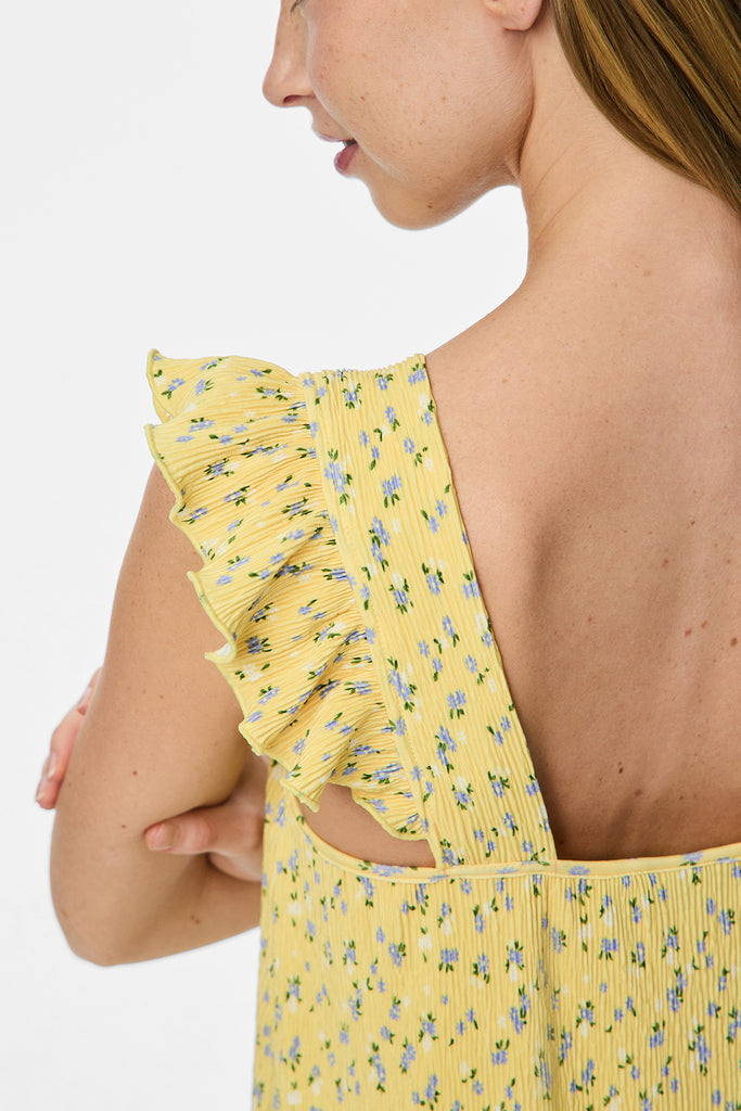 Flora Yellow Floral Plisse Midi Dress