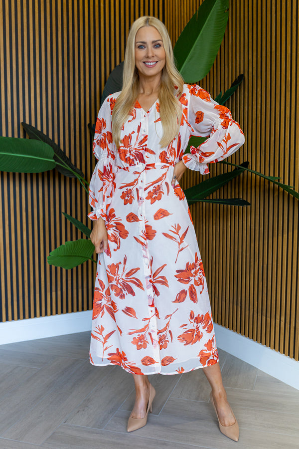 Emily & Me Suzie Cream & Orange Floral Midi Dress