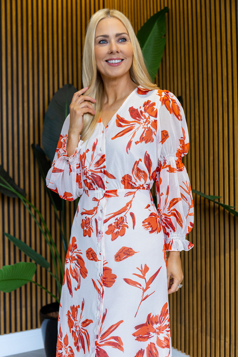 Emily & Me Suzie Cream & Orange Floral Midi Dress