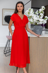 red v-neck cap sleeve dress