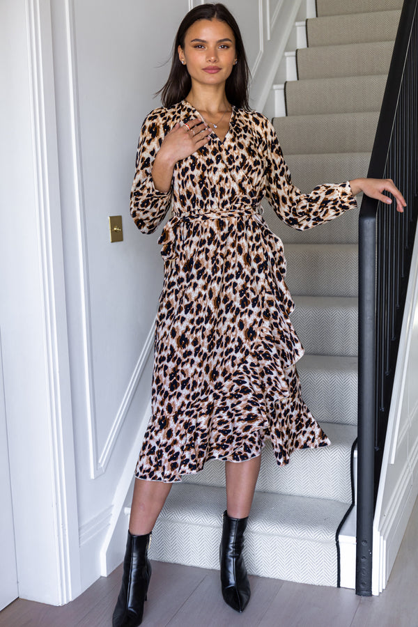 leopard print wrap midi dress
