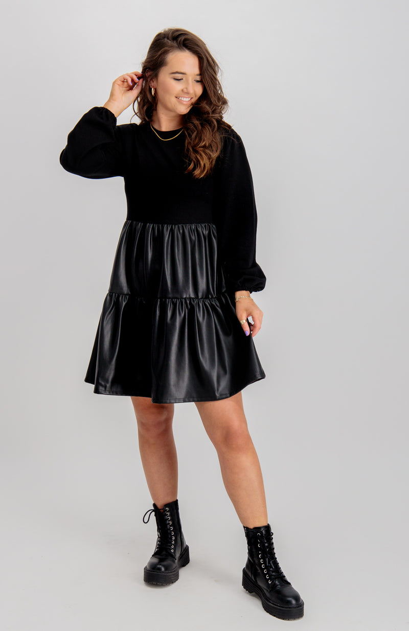 Paulina PU Mix Dress In Black