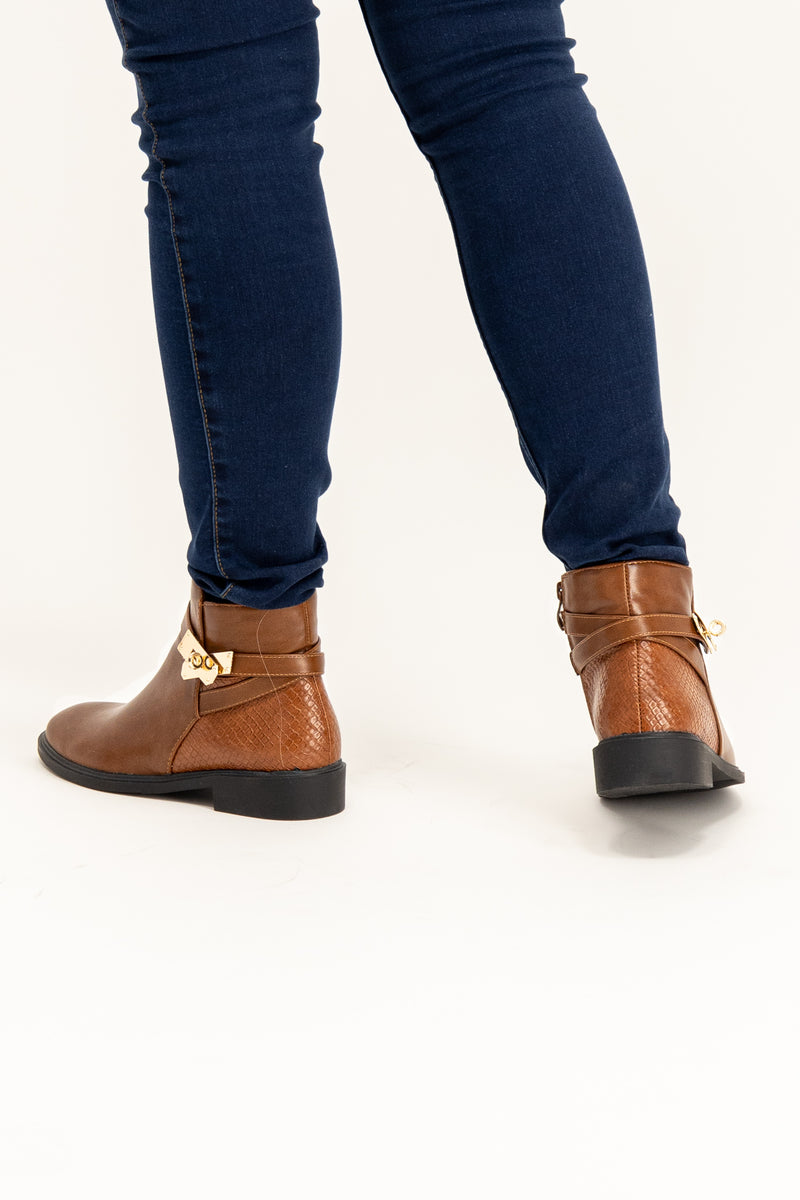 Brown Dee Gold Buckle Ankle Boot