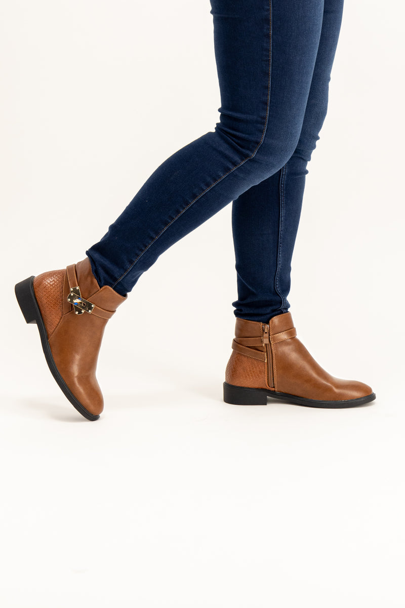 Brown Dee Gold Buckle Ankle Boot