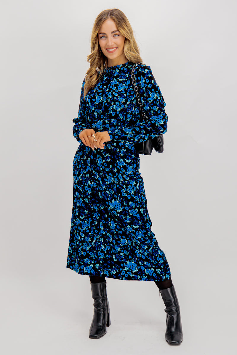 Vira High Neck Blue & Teal Floral Midi Dress