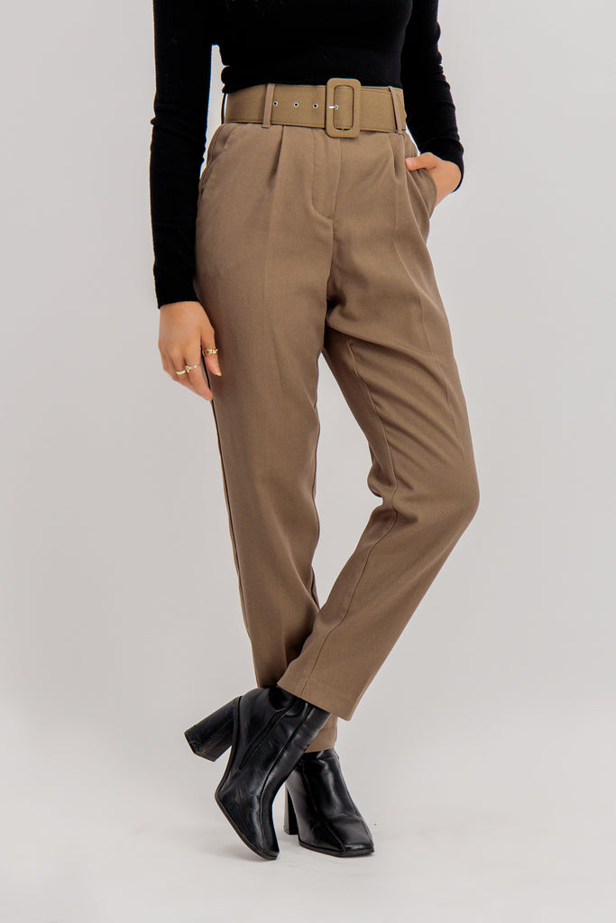 Brown Julie High Waisted Belted Trousers