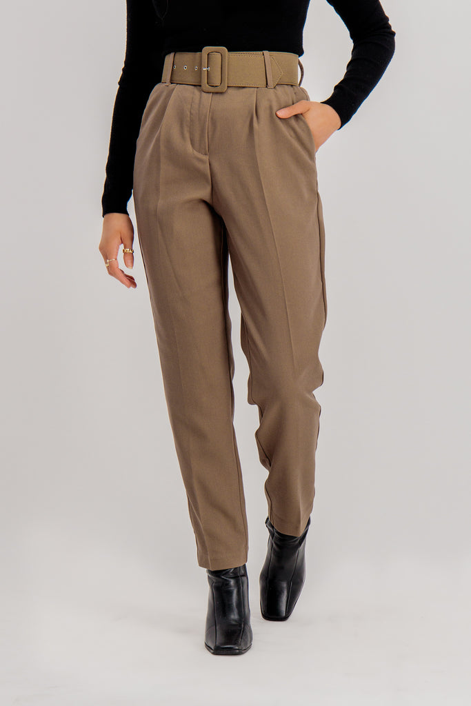 Brown Julie High Waisted Belted Trousers