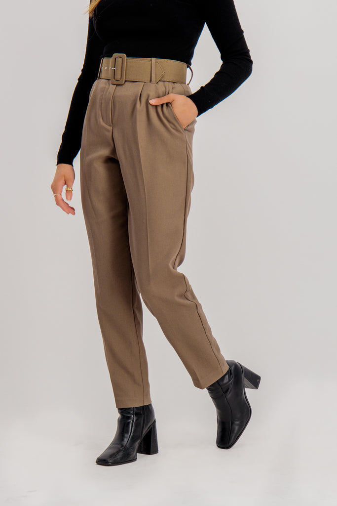 Brown Julie High Waisted Belted Trousers