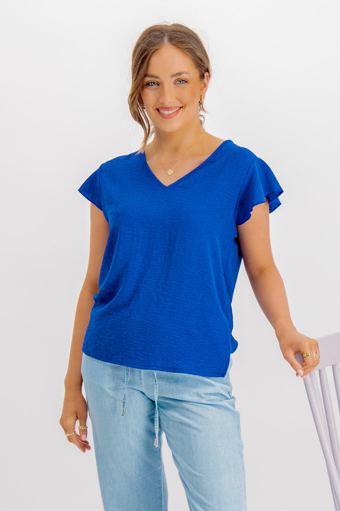 Frieda Blue V-Neck Frill Sleeve Top