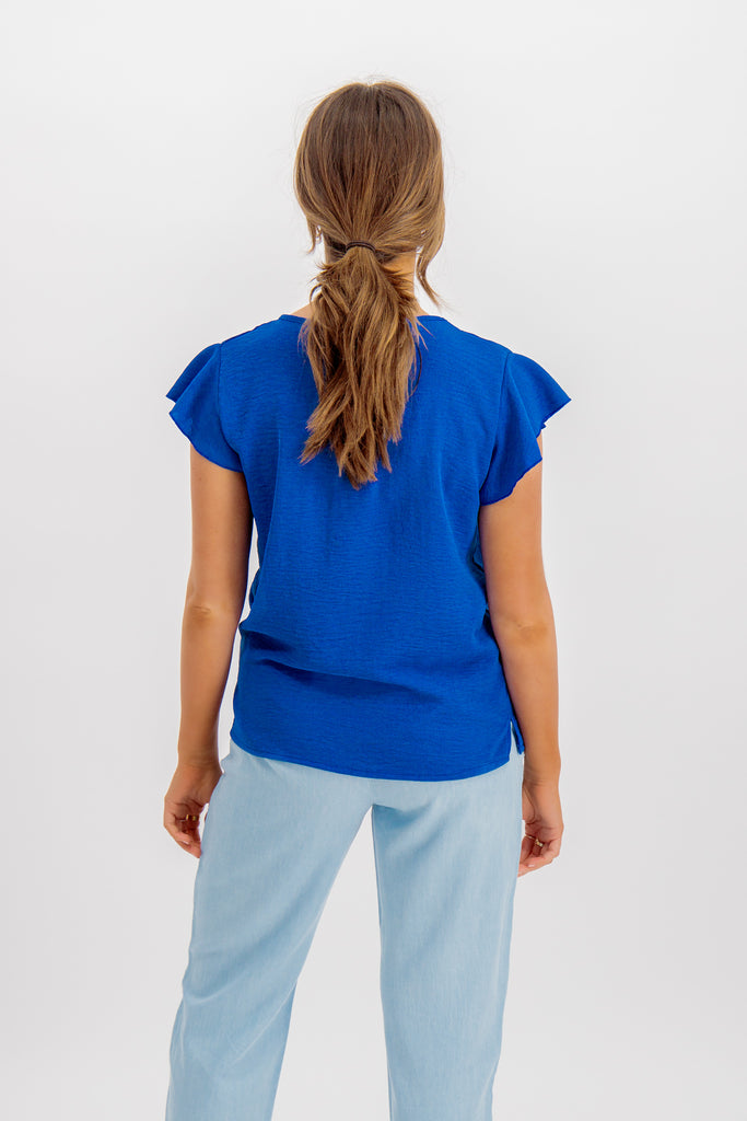 Frieda Blue V-Neck Frill Sleeve Top