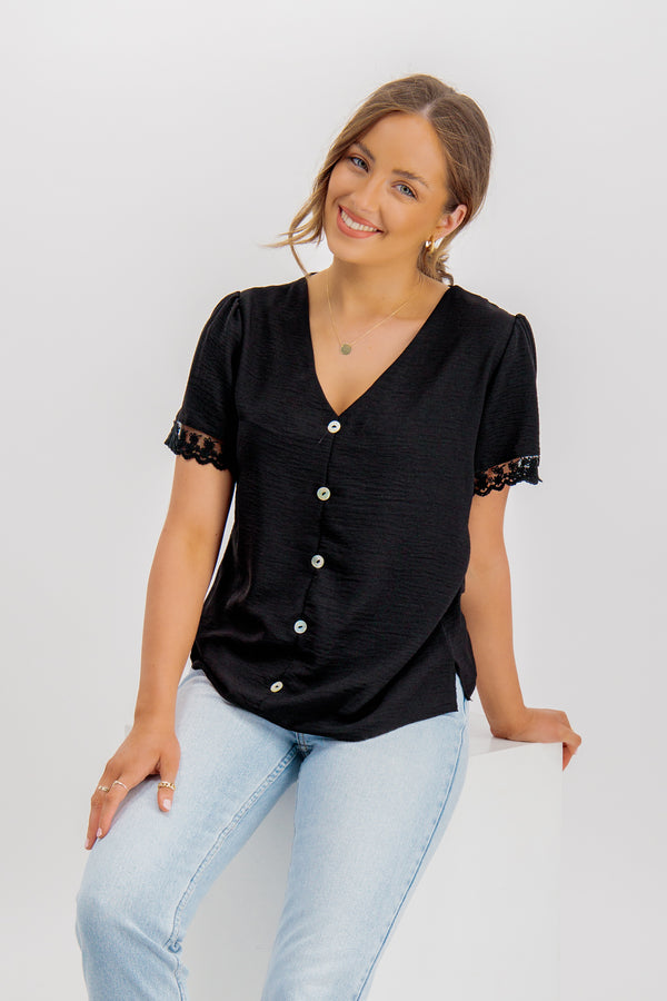 Leona Black Cap Sleeve Button Down Top
