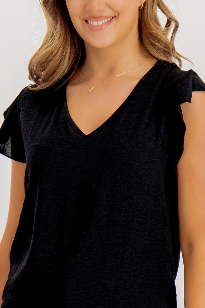 Black Frieda Frill V-Neck Top