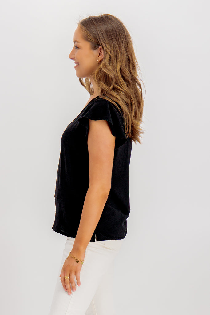 Black Frieda Frill V-Neck Top